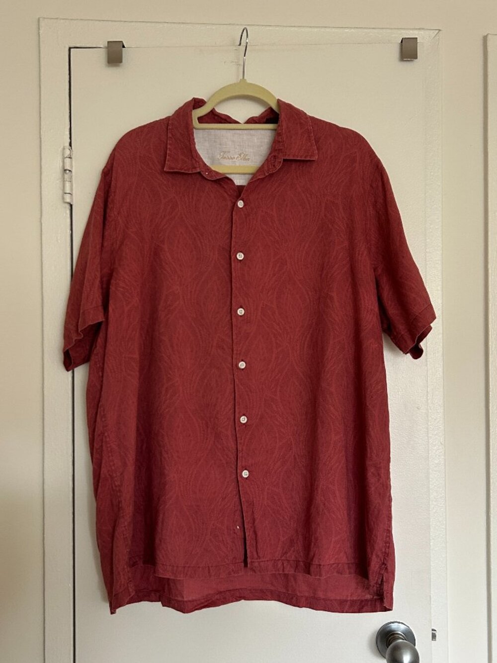 Tasso Elba Men's Short Sleeve 100% Linen Button-Down Shirt Red Pattern